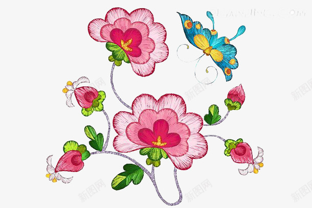 粉红色花朵上的蝴蝶png免抠素材_新图网 https://ixintu.com 手绘 绿叶 花朵 蝴蝶