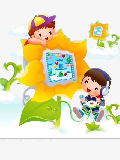 小孩玩游戏png免抠素材_新图网 https://ixintu.com 帽子 手绘 绿色 黄色