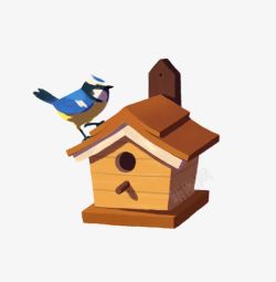 卡通木制鸟屋蓝色小鸟素材