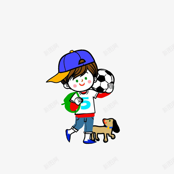 带狗去踢足球的小男孩png免抠素材_新图网 https://ixintu.com 卡通手绘 小孩和狗 带狗去踢足球的小男孩 手绘足球
