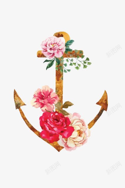 船锚上的鲜花图标png_新图网 https://ixintu.com 手绘 月季花 红色 背景装饰 船锚