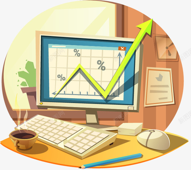 电脑金融场景png免抠素材_新图网 https://ixintu.com 咖啡 电脑 金融数据