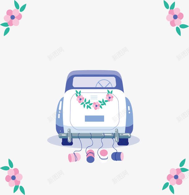 蓝色的婚礼汽车png免抠素材_新图网 https://ixintu.com 婚礼汽车 婚车 水彩婚车 矢量png 粉色花朵 花朵边框