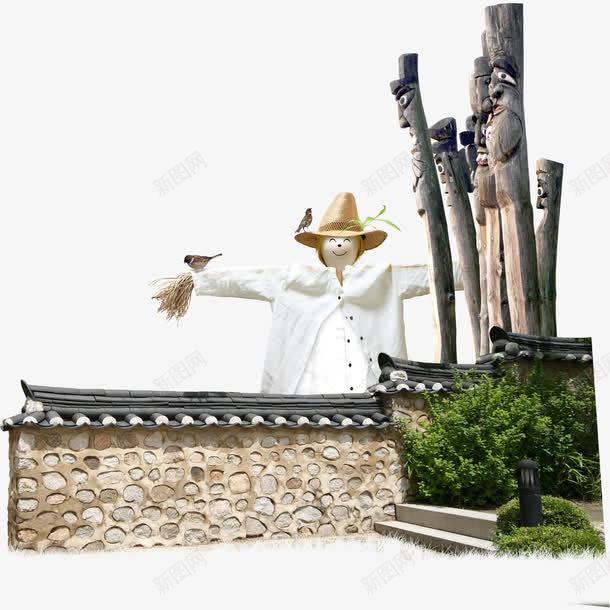 墙边的稻草人png免抠素材_新图网 https://ixintu.com 墙边稻草人 房檐 木桩 木桩上的雕像