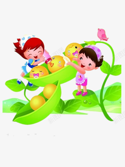 摘豌豆的小姑娘们png免抠素材_新图网 https://ixintu.com 人物 卡通 植物 绿色