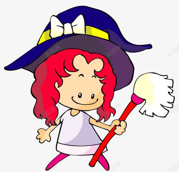 扫把小巫女png免抠素材_新图网 https://ixintu.com 卡通 头发 小巫女 帽子 拖把 白色 红色 蓝色