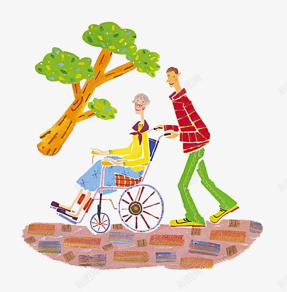 孙子推着奶奶散步png免抠素材_新图网 https://ixintu.com 卡通手绘 奶奶和孙子 插画 树木 装饰 轮椅
