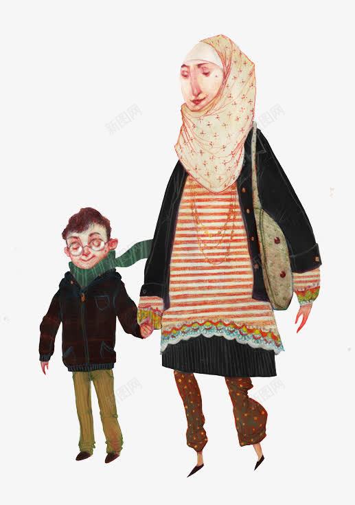 伊斯兰女人和儿子png免抠素材_新图网 https://ixintu.com 伊斯兰 儿子 儿童插画 卡通 卡通元素 故事插画