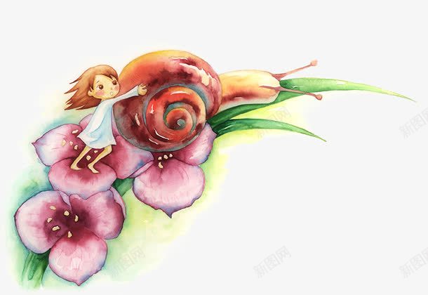 花朵上的女孩与蜗牛png免抠素材_新图网 https://ixintu.com 卡通女孩 女孩 手绘女孩 花朵 蜗牛