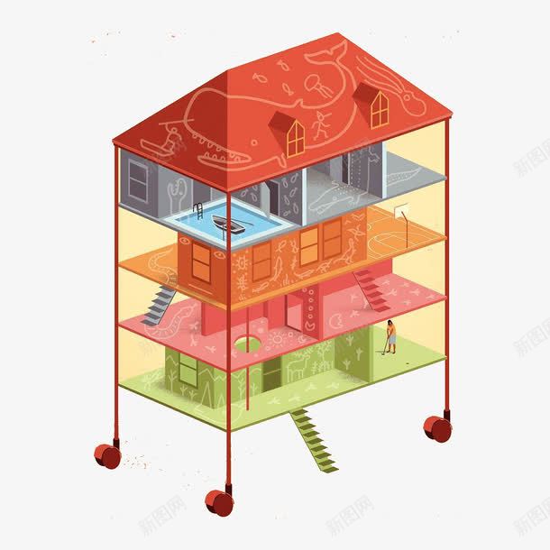 还轮子的房子png免抠素材_新图网 https://ixintu.com 创意图案 手绘房子 还轮子的房子