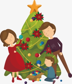 一家人装饰圣诞树矢量图素材