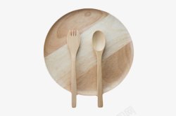 棕色木质纹理木圆盘和木勺子实物素材
