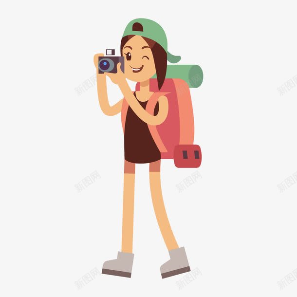 背着包照相的女性矢量图ai免抠素材_新图网 https://ixintu.com 女性 旅游 照相 相机 红色 红色背包 背包 矢量图