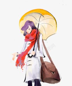 撑伞的女手绘撑伞女孩高清图片
