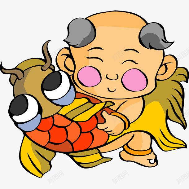 抱着鱼的孩子卡通年画psd免抠素材_新图网 https://ixintu.com 卡通小孩 孩子 年画 抱着鱼