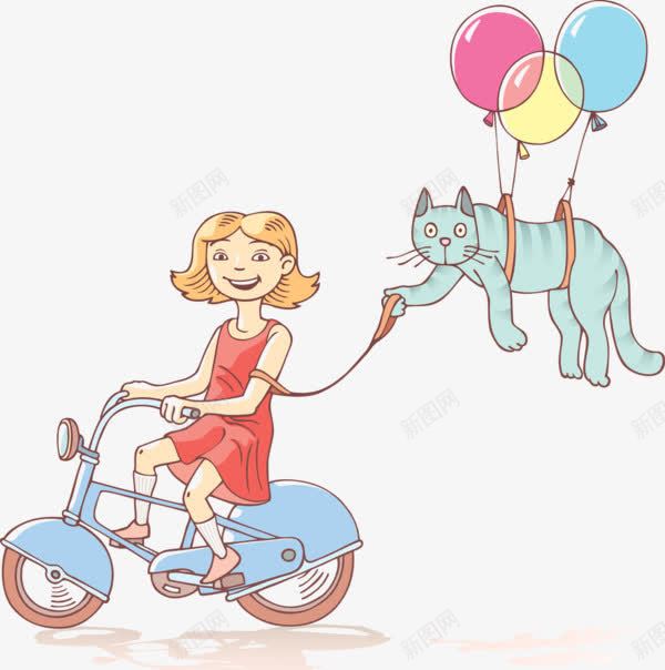 卡通遛猫图案png免抠素材_新图网 https://ixintu.com 卡通遛猫 气球 遛猫 骑车