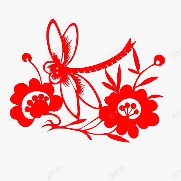 红色蜻蜓和花朵剪纸png免抠素材_新图网 https://ixintu.com 剪纸 窗花 红色 花朵 蜻蜓