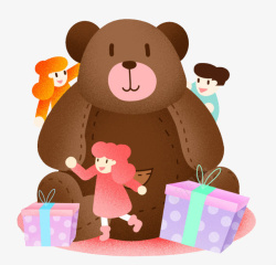 孩子直播间礼物大熊玩具和3个孩子高清图片