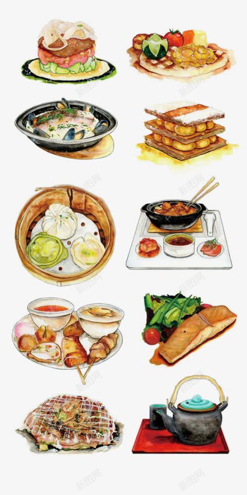 手绘插画烹煮食物psd免抠素材_新图网 https://ixintu.com 包子 手绘 插画 食物 鱼