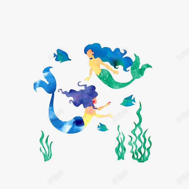水彩美人鱼png免抠素材_新图网 https://ixintu.com 卡通 手绘 水彩 海藻 美人鱼