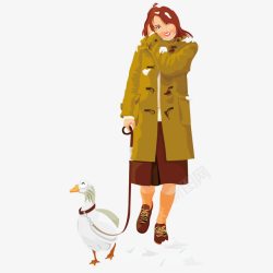 冬日动物牵着鹅的女子高清图片