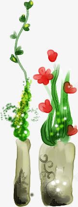 手绘绿色儿童植物红色小花素材