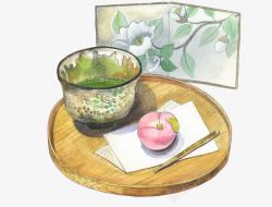 手绘清茶和桃子素材