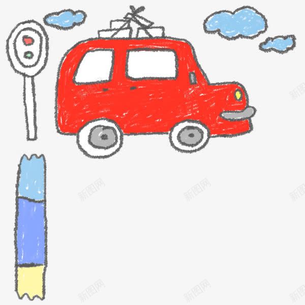 小孩子手绘图画png免抠素材_新图网 https://ixintu.com 云朵 交通信号灯 图画 小孩子 手绘 汽车