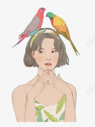 唯美插画png免抠素材_新图网 https://ixintu.com 女孩 彩色 装饰 鹦鹉