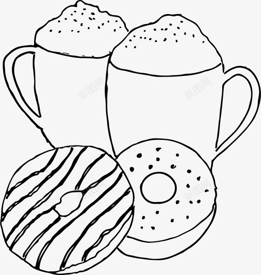 甜点早餐咖啡图标svg_新图网 https://ixintu.com 咖啡 早餐 甜点 甜甜圈 素描图标