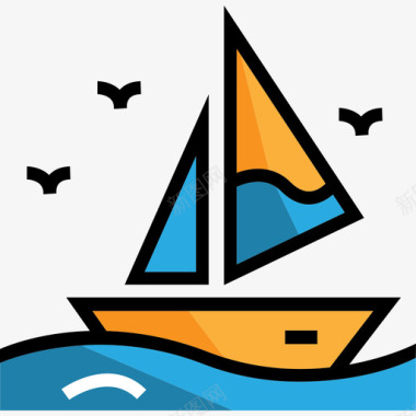 帆船夏季和旅行线性颜色图标图标