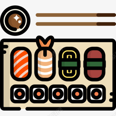 寿司食品和餐厅9线性颜色图标图标