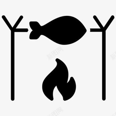 火上的鱼露营烹饪鱼图标图标