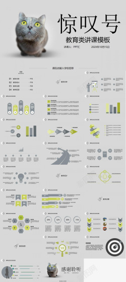 灰色背景灰色简约小猫咪教育教学讲课演讲汇报总结