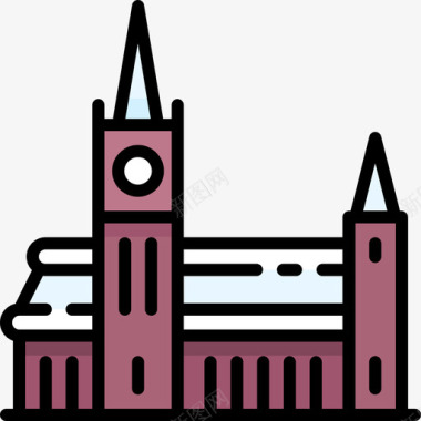 教堂冬季小镇6线性颜色图标图标
