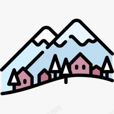 山脉冬季小镇6线性颜色图标图标
