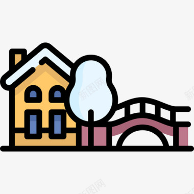 冬季小镇6号住宅线性颜色图标图标