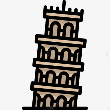 比萨斜塔14座纪念碑线性颜色图标图标