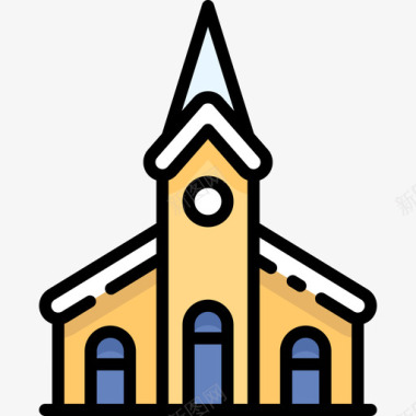 教堂冬季小镇6线性颜色图标图标