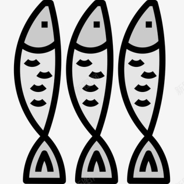 沙丁鱼动物和食物线性颜色图标图标