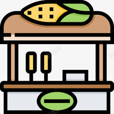 食品摊街头食品和食品运输车线性颜色图标图标