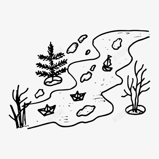 自然河流素描图标svg_新图网 https://ixintu.com 手绘 树木 河流 素描 纸船 自然