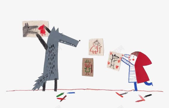 大灰狼和小红帽png免抠素材_新图网 https://ixintu.com 创意 卡通 手绘 插画 玩耍 童话