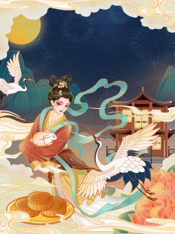 国潮兔头国潮仙鹤嫦娥抱兔手绘元素高清图片