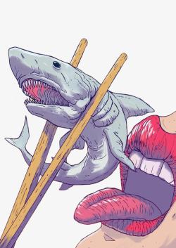插画吃鲨鱼素材