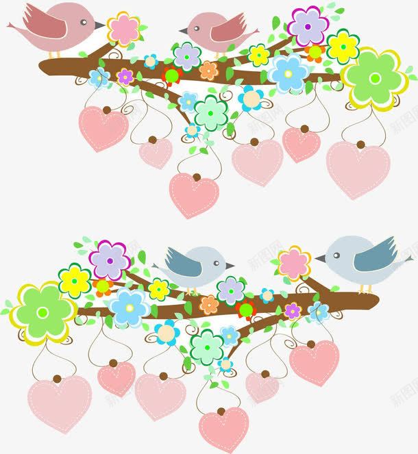 卡通树枝上的鸟png免抠素材_新图网 https://ixintu.com 上的鸟 卡通 树枝 爱心 花朵