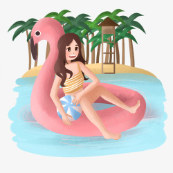 旅游游泳戏水女孩手绘夏日戏水游泳女孩插画高清图片