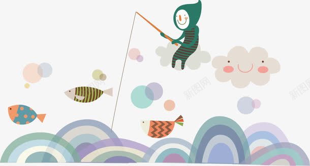钓鱼国画png免抠素材_新图网 https://ixintu.com 卡通儿童钓鱼 钓鱼人 钓鱼的小女孩
