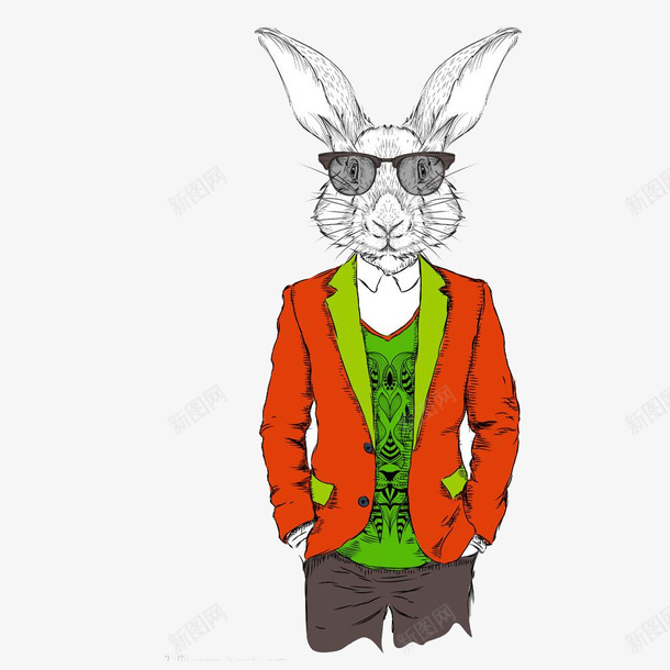 手绘的兔子先生png免抠素材_新图网 https://ixintu.com PNG图形 兔子 手绘 眼镜 衣服 装饰
