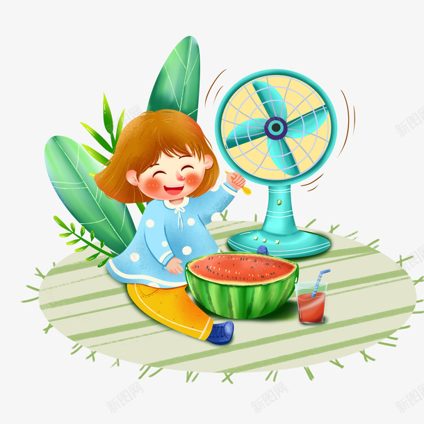 夏天西瓜的小女孩psd免抠素材_新图网 https://ixintu.com 吃西瓜的小女孩 吹风扇 夏天 大暑素材